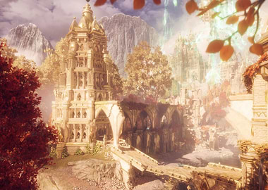 Golden Elven Cityscape with Mountains