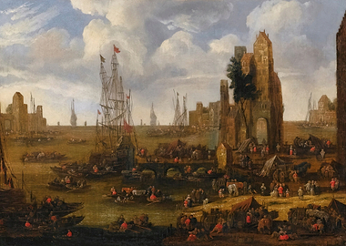 Busy Harbor Scene with Ships and Market