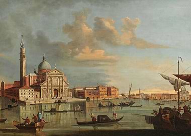 Venetian Canal Scene with Church and Boats