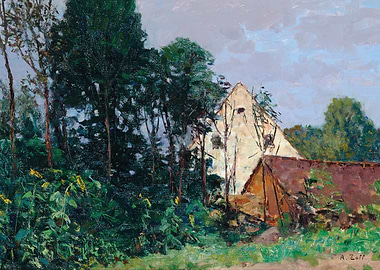 Farmhouse with sunflowers and trees