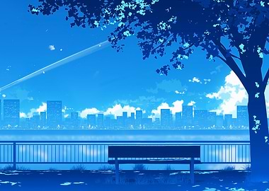 Anime Cityscape with Tree and Bench