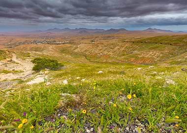 Overcast Sky Over Rolling Hills and Village, Canary Islands