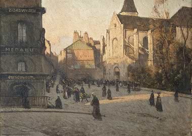 Parisian Street Scene with Market and Church