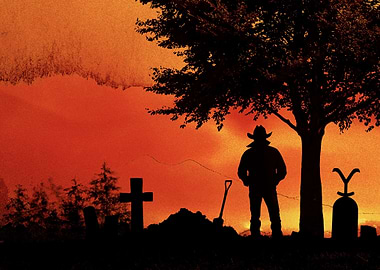 Cowboy at a Graveyard at Sunset