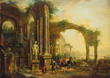 Ruined Roman Architecture with Travelers