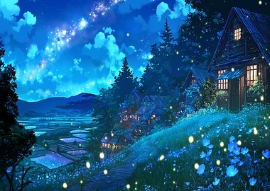 Enchanting Night Landscape with Fireflies and Village