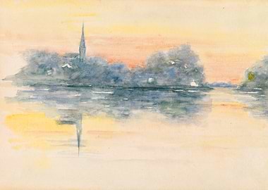 Watercolor painting of a sunset over a lake