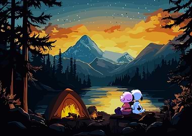 Peanuts Characters Camping by Lake at Sunset
