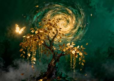 Magical Tree with Butterfly and Swirling Galaxy