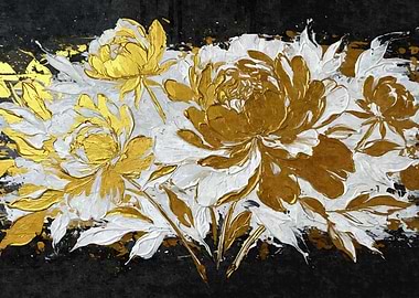 Gold and White Peonies on Black