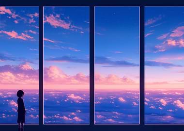 Girl looking at sunset clouds from window