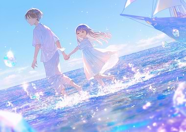 Couple running through the ocean