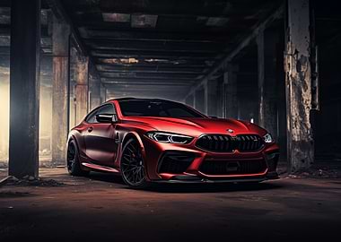 Red BMW M8 in the garage