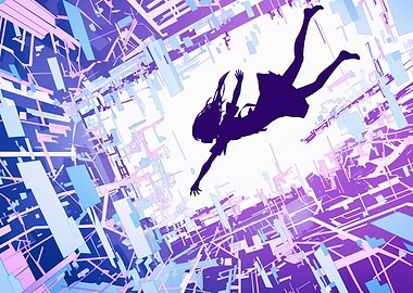 Silhouette of a girl falling in abstract digital space