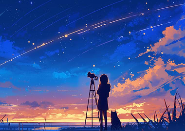 Girl with Telescope and Cat Watching Shooting Stars