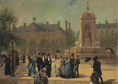 Parisian Wedding Scene at a Fountain