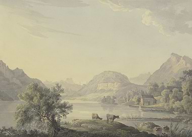 Pastoral Lake Landscape with Cow