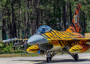 Tiger-striped F-16 fighter jet on tarmac