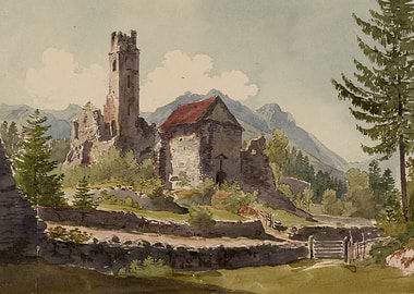 Watercolor painting of castle ruins in mountains