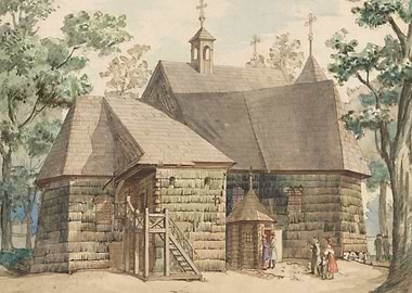 Watercolor painting of a wooden church