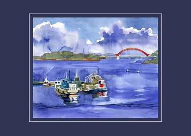 Boats in a Harbor with a Bridge