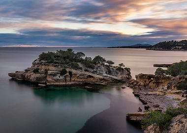 Island coastline at sunset