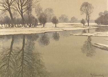 Winter River Landscape with Trees