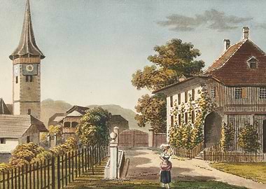 Pastoral scene with church and house