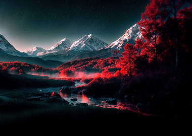 Crimson Forest Mountains at Night