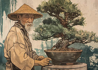Elderly man with bonsai tree