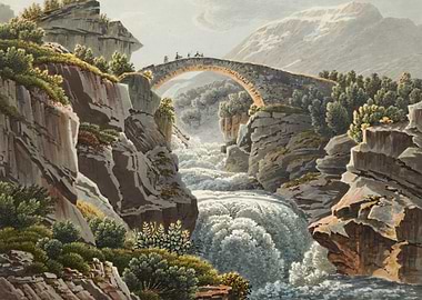 Stone bridge over a waterfall in the mountains