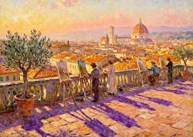 Artists painting Florence cityscape at sunset
