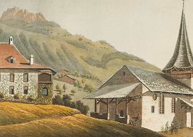 Alpine Village with Church and Mountains