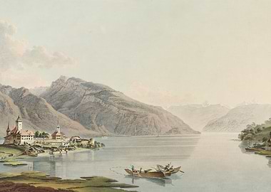 Alpine Lake with Castle and Boats