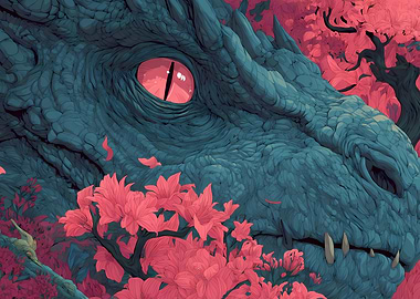 Dragon Eye Amidst Pink Flowers