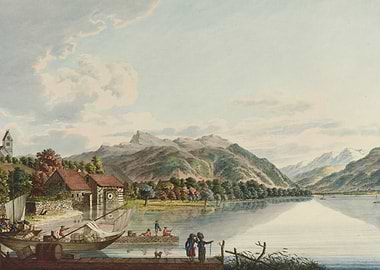 Watercolor painting of a lakeside village and mountains