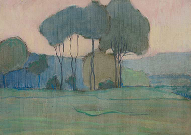 Pastel landscape with trees and hills