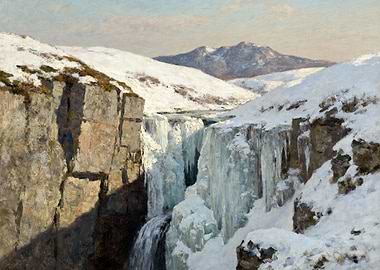 Frozen Waterfall in Winter Landscape