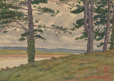 Watercolor Landscape with Pine Trees and Water