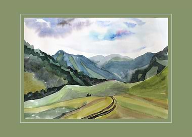 Watercolor Landscape of Rolling Hills and Mountains