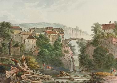 Picturesque European Village with Waterfall and Bridge