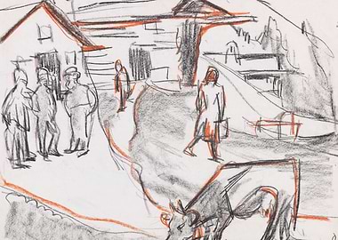 Sketch of a Village Scene with People and Cow