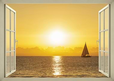 Sailboat at Sunset Through Open Window