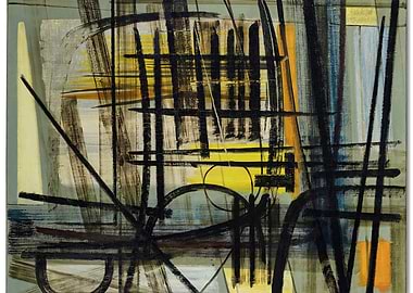 Abstract Painting with Black Lines and Yellow Accents