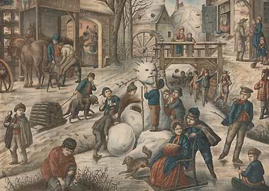 Winter Village Scene with Snowman