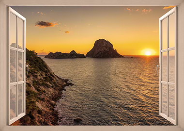 Window view of sunset over the sea Ibiza