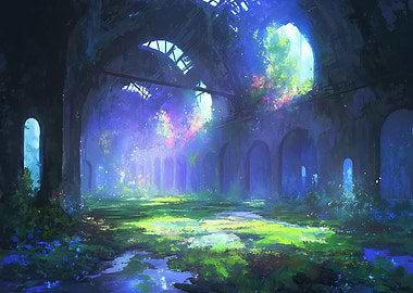 Overgrown Ruined Building with Colorful Light