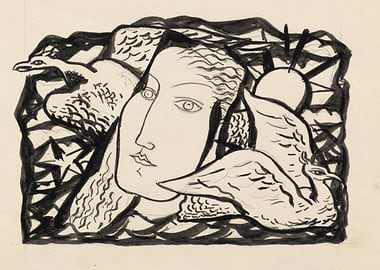 Surreal Face with Birds and Sun