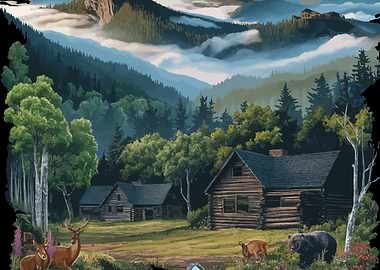 Mountain Cabin Landscape with Wildlife Tenesse Smokey Mountains National Park