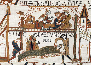 King Edward Speaks to his Followers before his Death Bayeux Tapestry Scenes 27 & 28